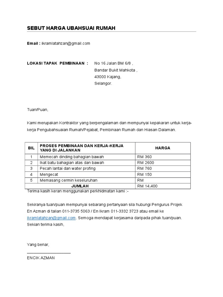 Contoh Surat Minta Sebut Harga Putera Valley Resort Pdf - Riset