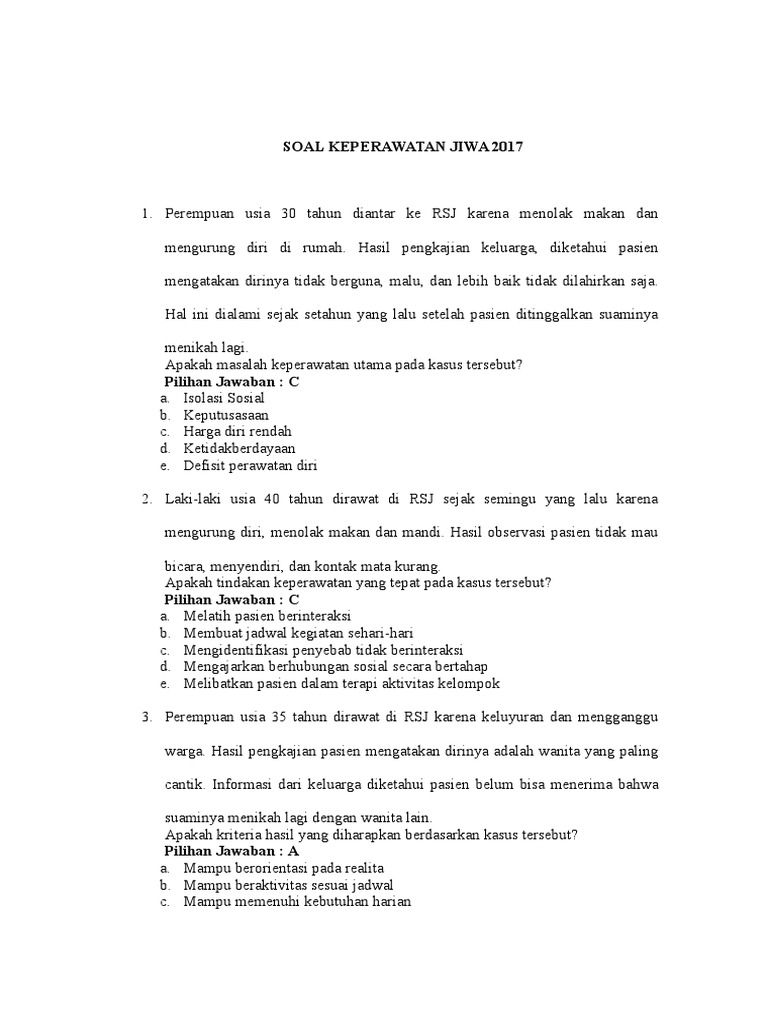 Soal Keperawatan Jiwa 2017