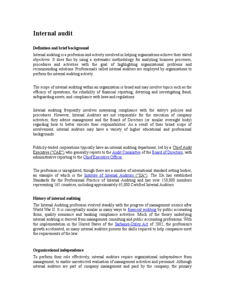 Internal audit Definition and brief background