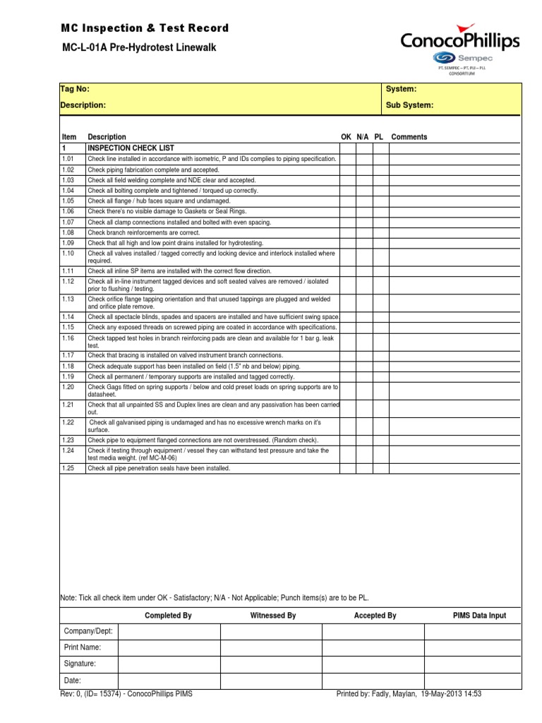 Piping Inspection Checklist for Hydrotesting | PDF | Pipe (Fluid ...