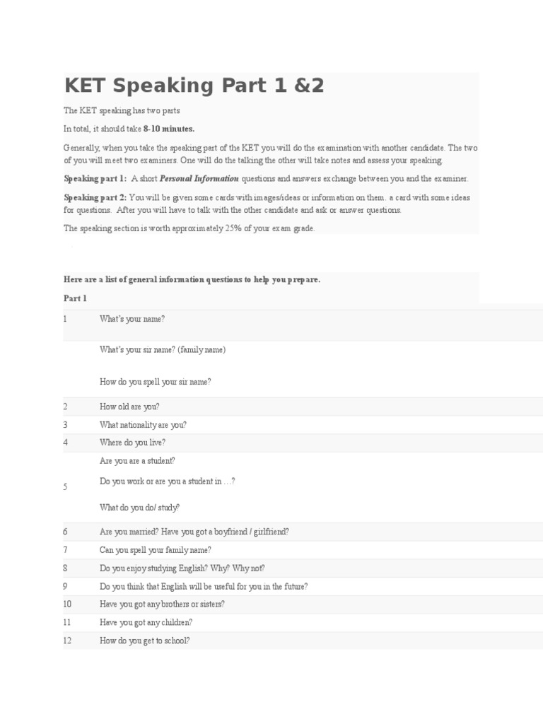 KET Speaking Exam Overview | PDF