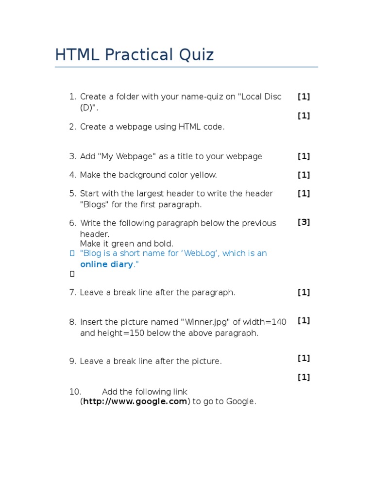 HTML Webpage Creation Quiz Guide | PDF