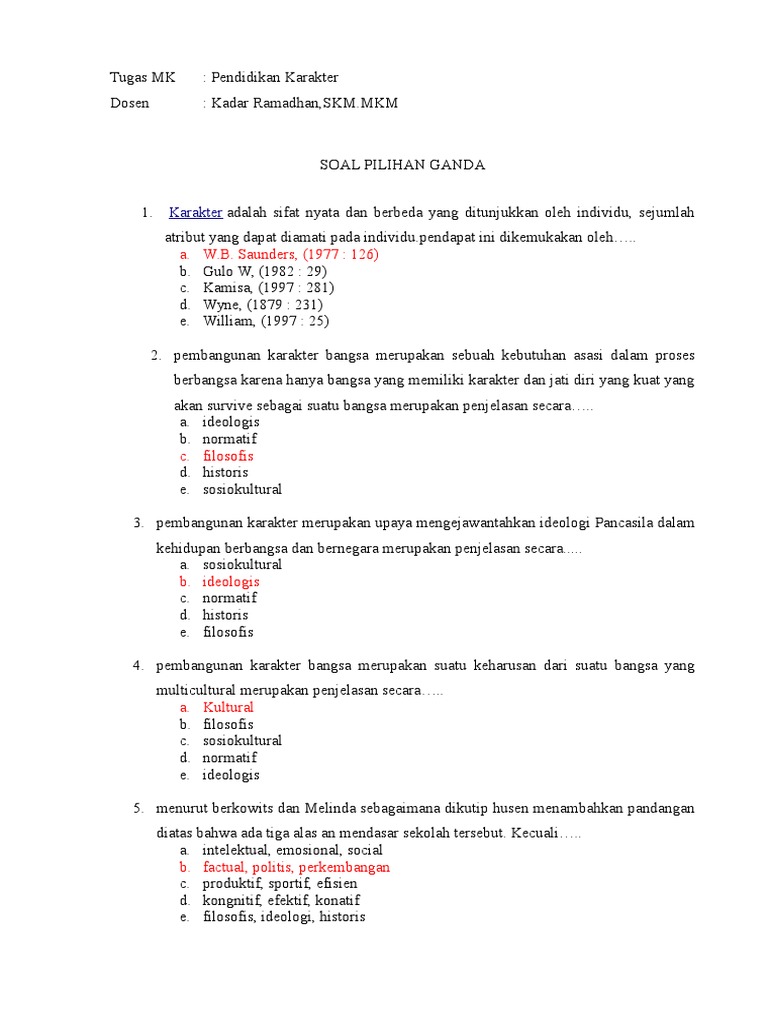 Contoh Soal Pilihan Ganda Tentang Pendidikan Karakter