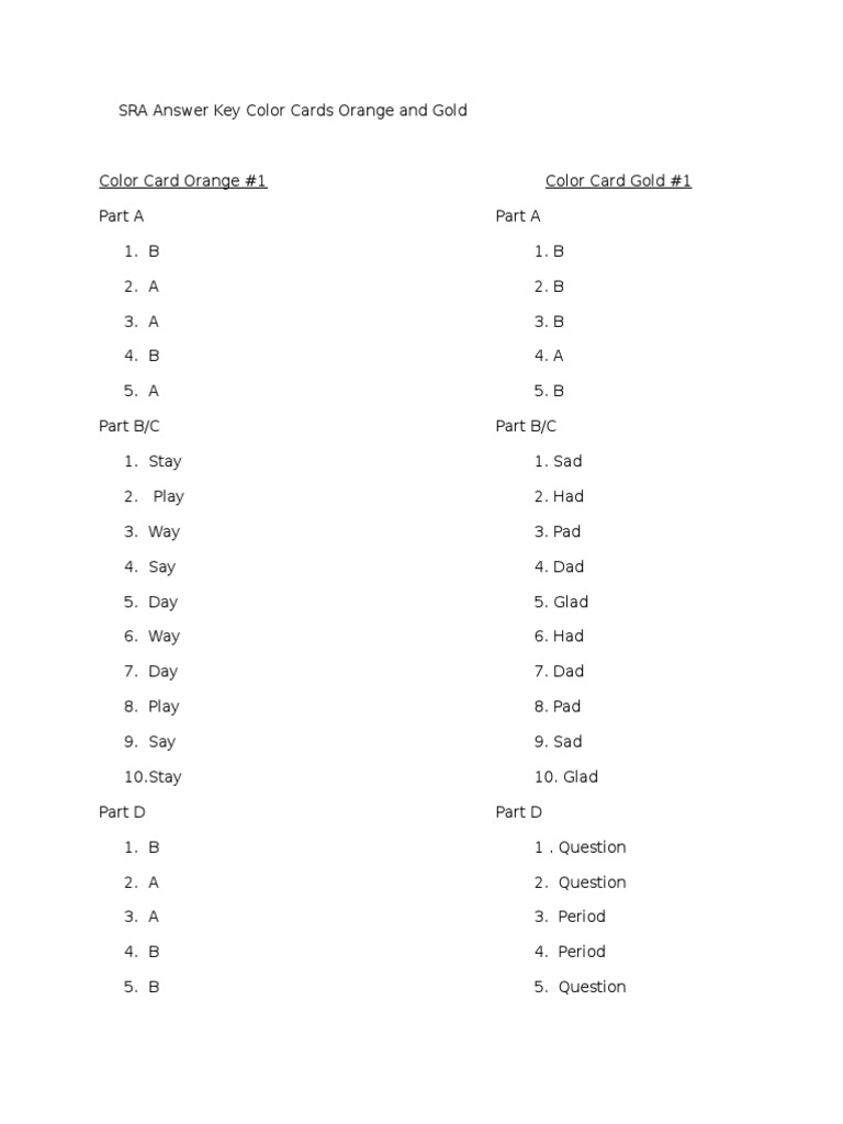 Sra Answer Key Color Cards Orange and Gold Leisure