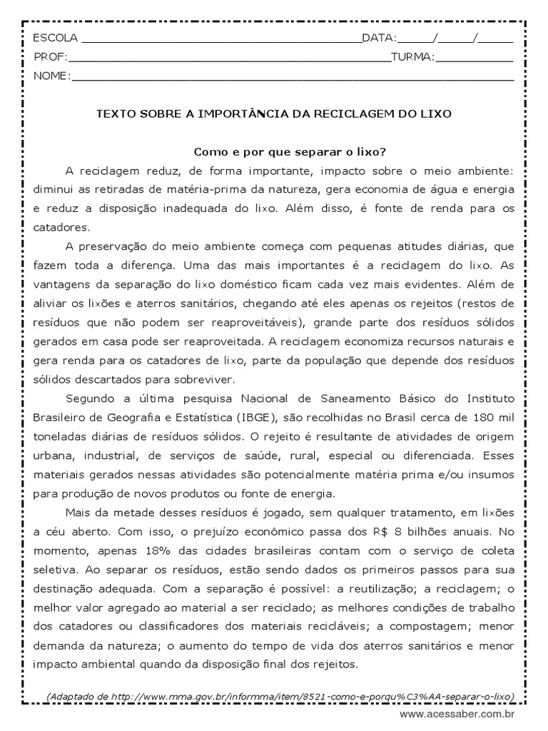 Atividade de Português Compreensão de Texto Reciclagem Do Lixo 9º Ano ...
