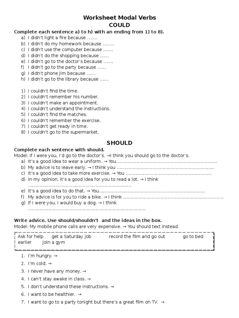 Worksheet Modal Verbs Could: Complete Each Sentence A) To H) With An ...
