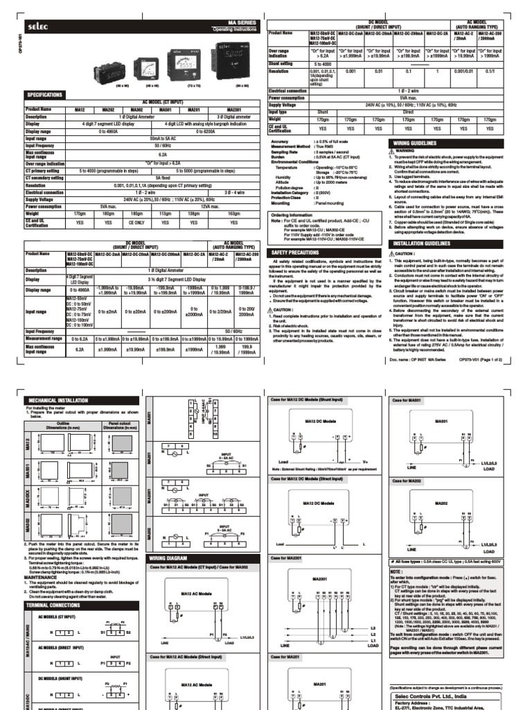 Operating Instructions and Specifications for Multiple Models of