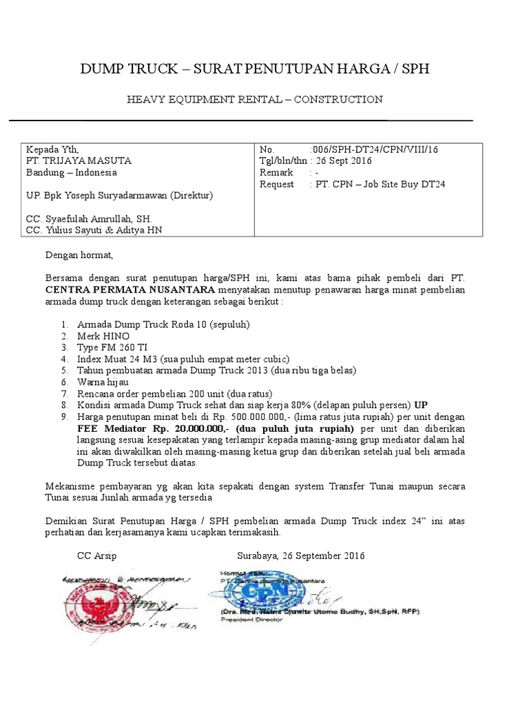 Dump Truck  Surat Penutupan Harga  PDF