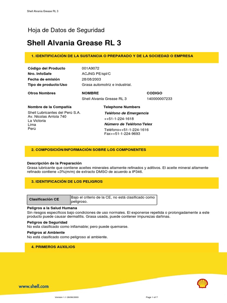 Hoja de Seguridad: Shell Alvania RL3 | PDF | Toxicidad | Petróleo