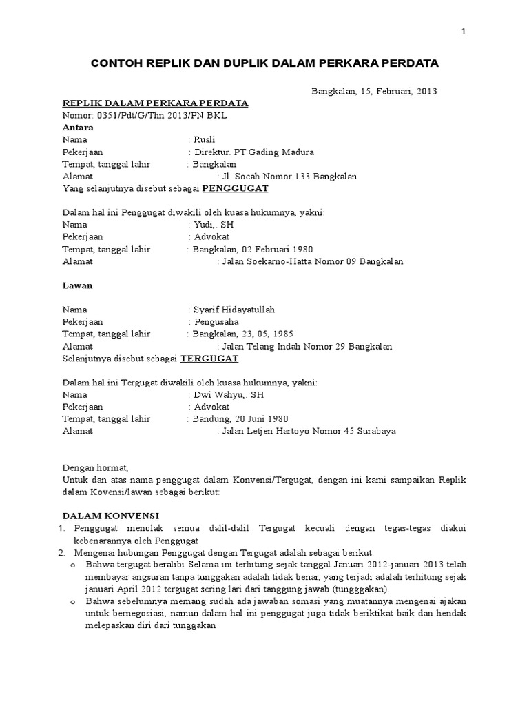 Contoh Replik Dan Duplik Dalam Perkara Perdata