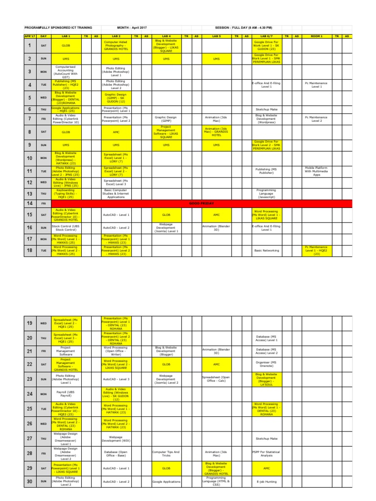 Sponsored ICT Training Schedule April 2017 | PDF | Microsoft Excel ...