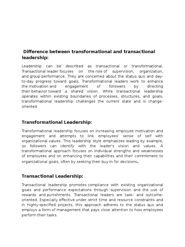Difference Between Transformational and Transactional Leadership | PDF ...