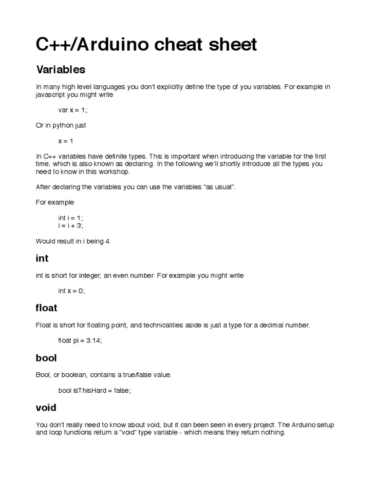 C++/Arduino Cheat Sheet: Variables | PDF | Boolean Data Type | Integer ...