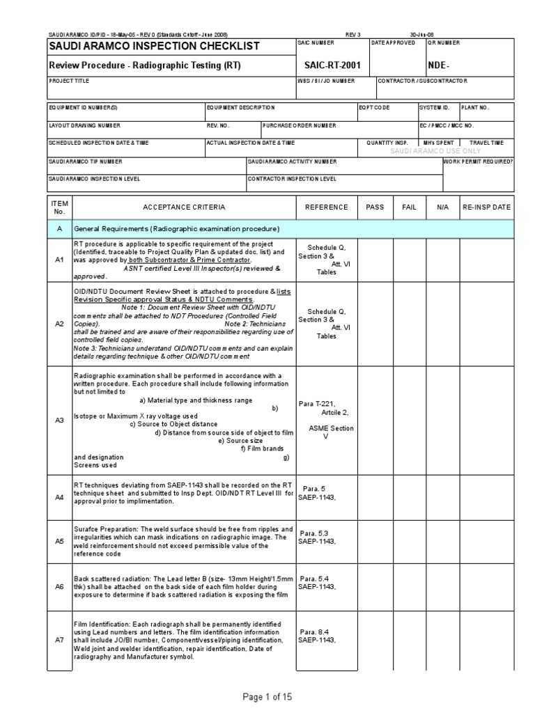Aramco Radiographic Testing Checklist | PDF | Nature