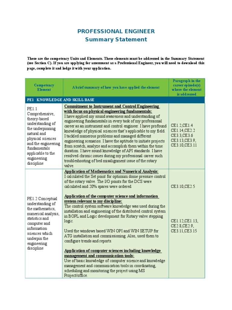 Sample Professional Engineer Summary Statement Mi Pdf Engineering