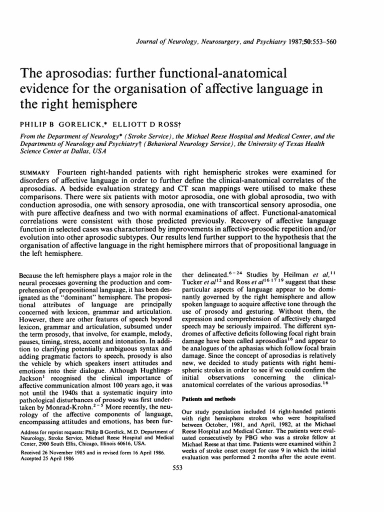 aprosodia Lateralization Of Brain Function Aphasia