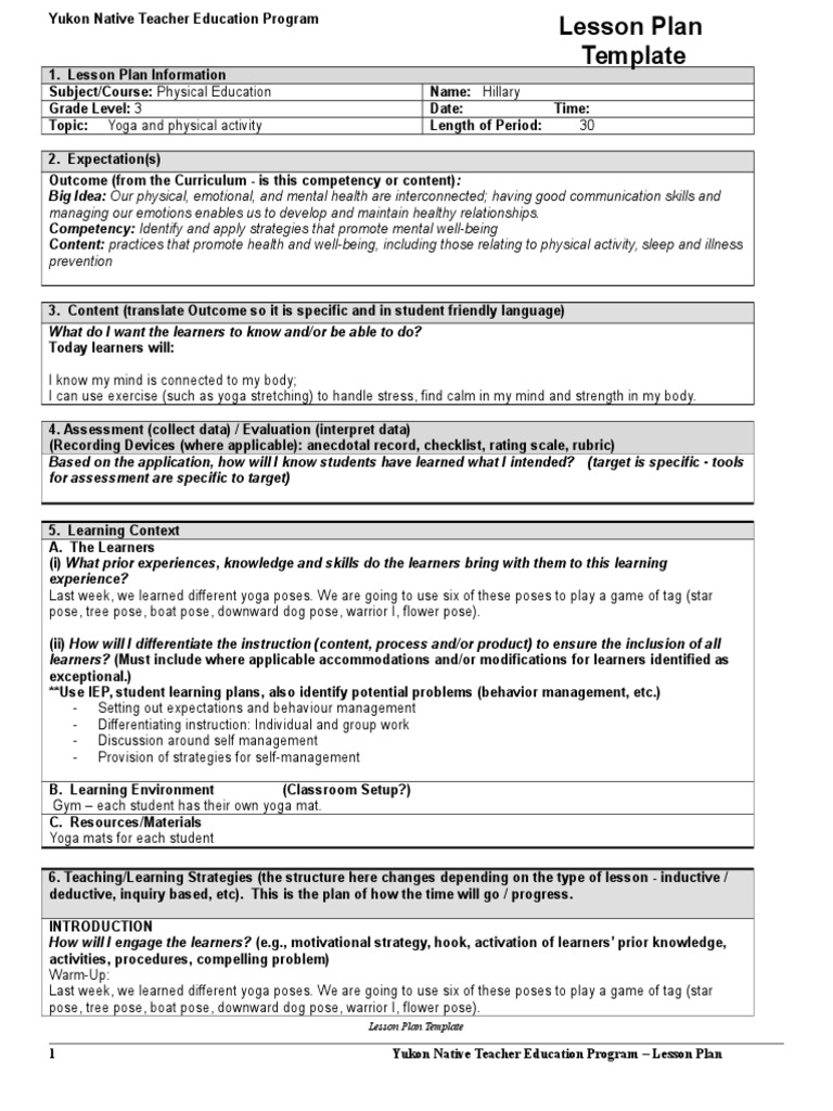 yoga lesson plan  Lesson Plan  Foot