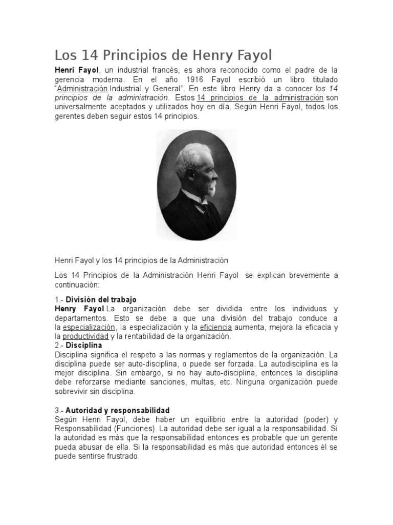 Los 14 Principios de Henry Fayol Disciplinas Salario