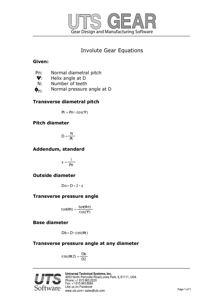 Gear Formulas For Involute Gears PDF