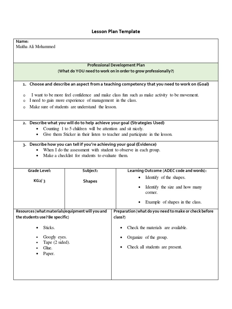 lesson plan of shapes  Lesson Plan  Educational Assessment