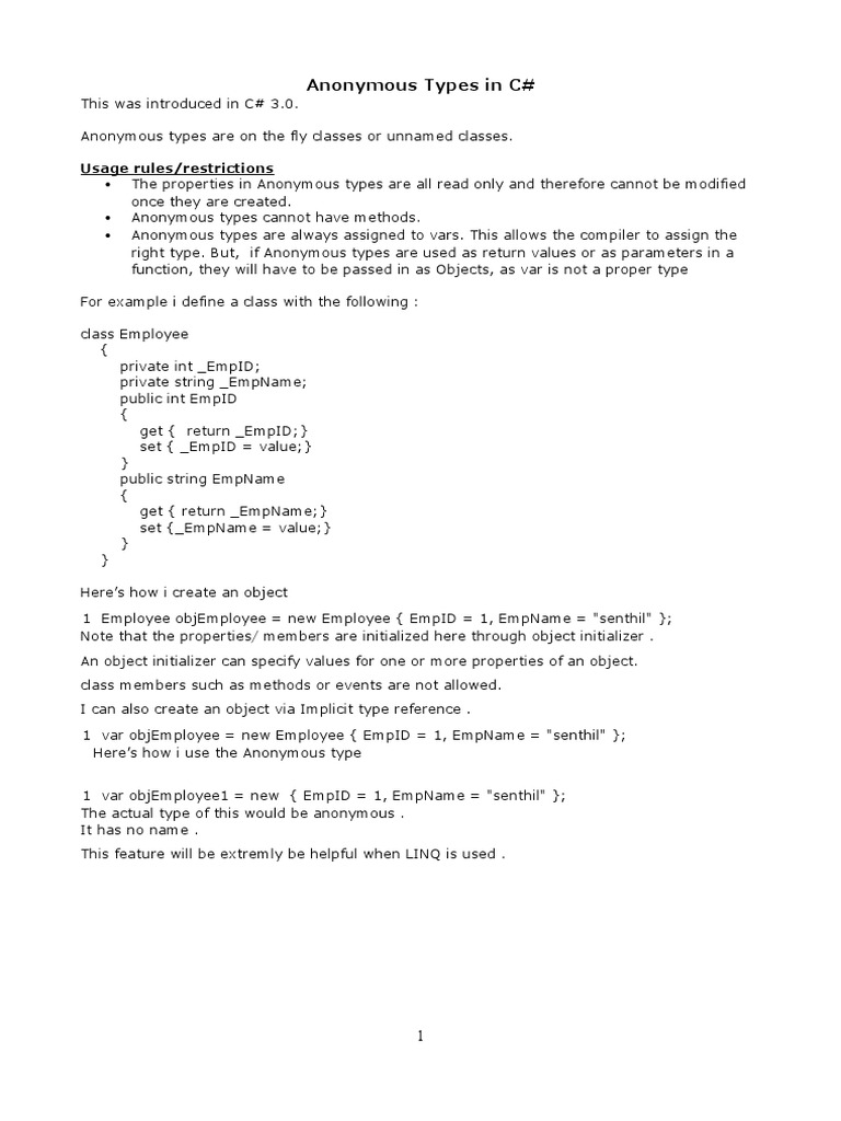 Anonymous Types in C#: Usage Rules/restrictions | PDF | Career & Growth ...