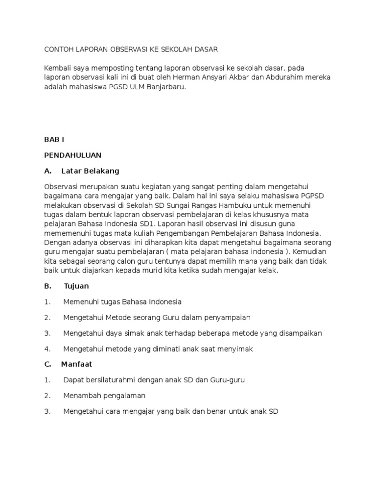 Contoh Laporan Observasi Di Sd Seputar Laporan