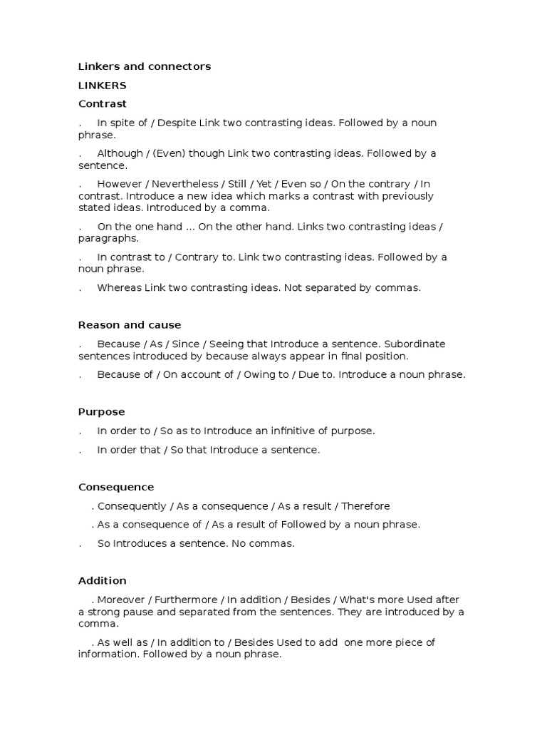 Linkers and Connectors PDF Phrase Comma