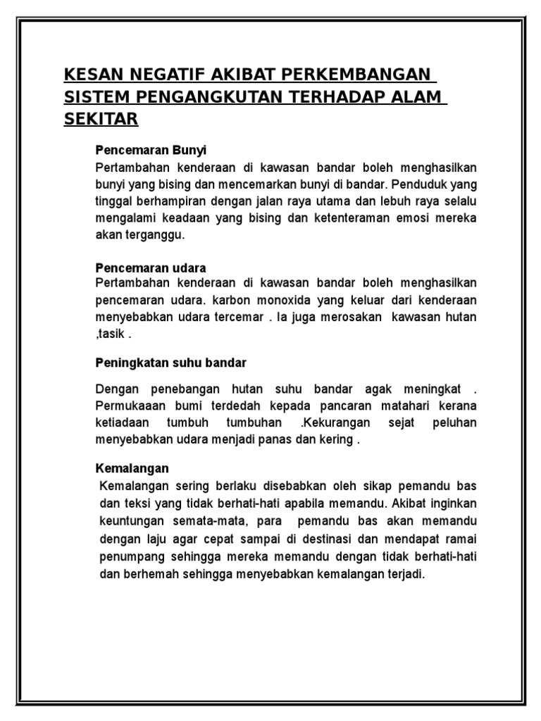 Kesan Negatif Akibat Perkembangan Sistem Pengangkutan Terhadap Alam Sekitar