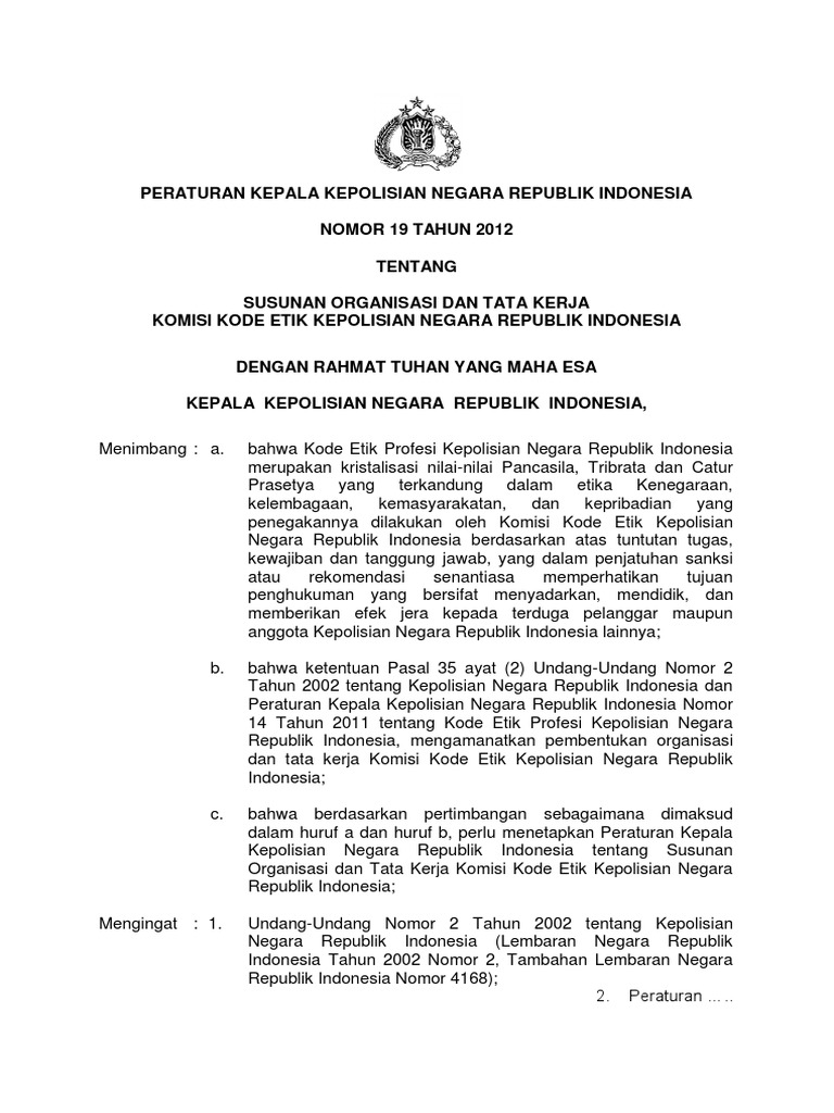 Perkap Nomor 19 Th 2012 Ttg Sotk Kkep