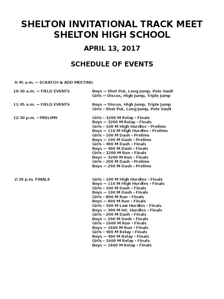 Shelton Invitational Track Meet Order of Events PDF