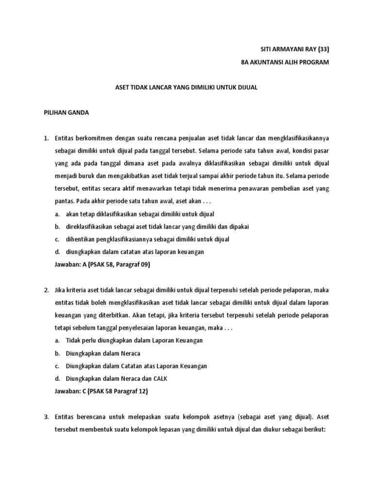 Soal Aset Tidak Lancar Yang Dimiliki Untuk Dijual