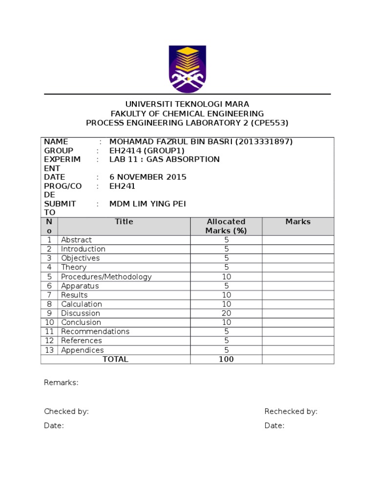 CPE533 Gas Absorption Full Lab Report Flow Measurement Gases Free