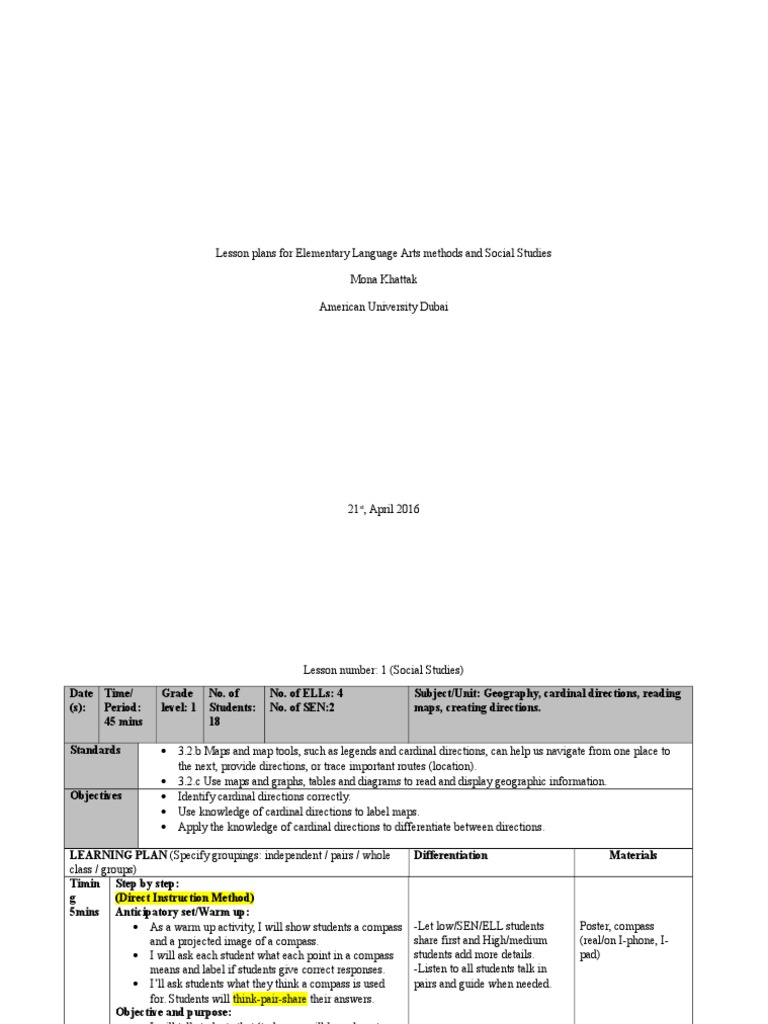 Grade 1 Social Studies Lesson Plans | PDF | Educational Assessment | Map