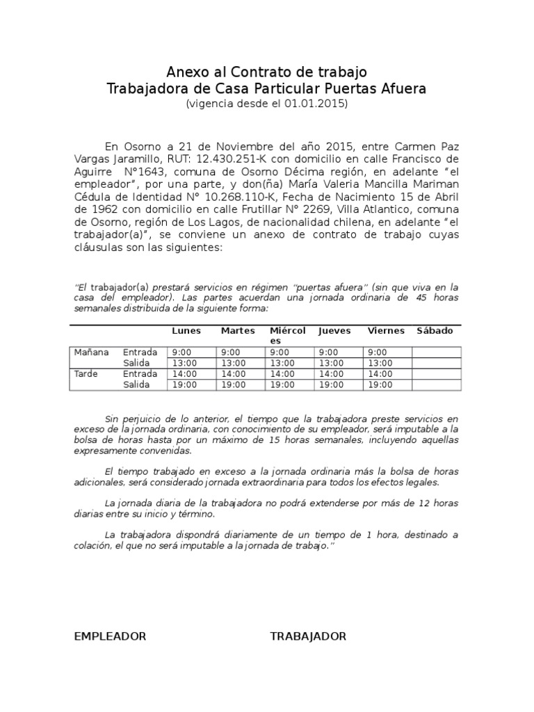 Anexo Al Contrato de Trabajo