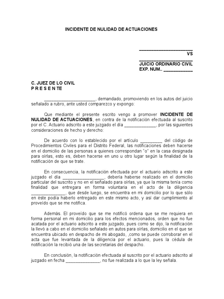 Incidente de Nulidad de Actuaciones PDF Ciudadanía Demanda judicial