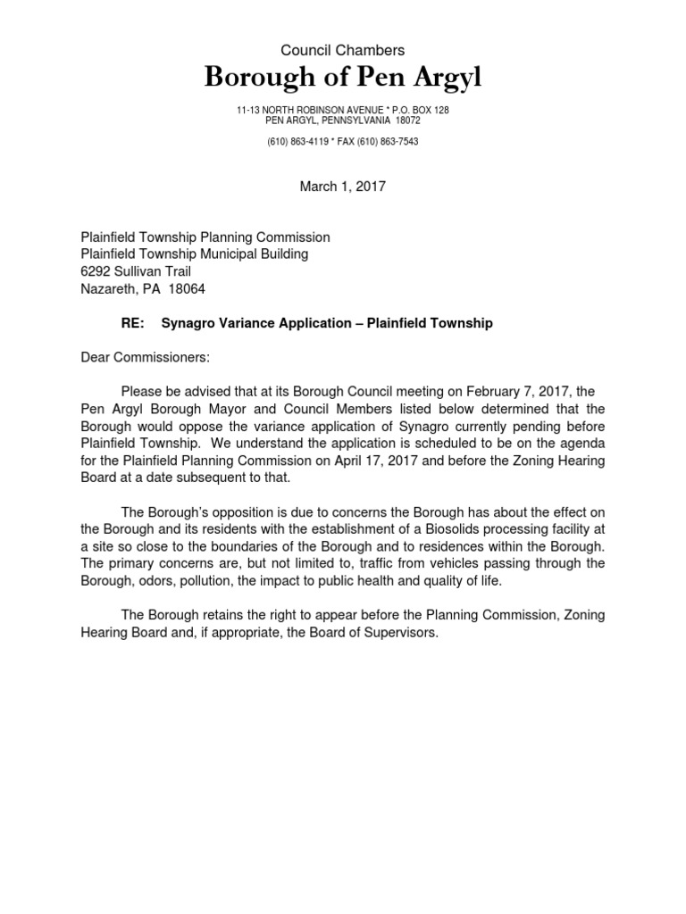 Pen Argyl Letter To Plainfield Township Planning Commission Opposing