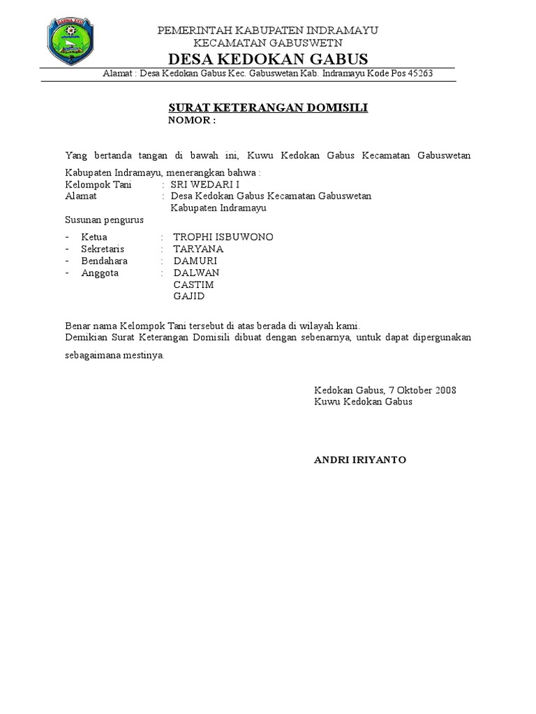 Surat Pernyataan Pengukuhan Dan Keterangan Domisili Klp Sriwedari I