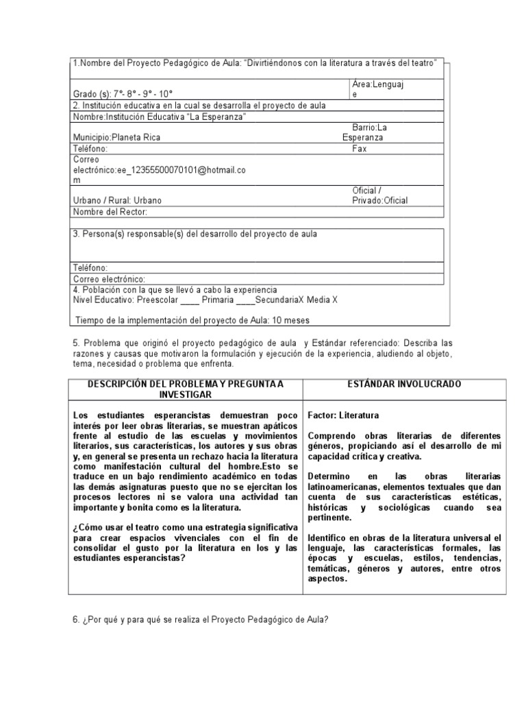 Formato Proyecto de Aula Lenguaje | PDF | Aprendizaje | Cognición