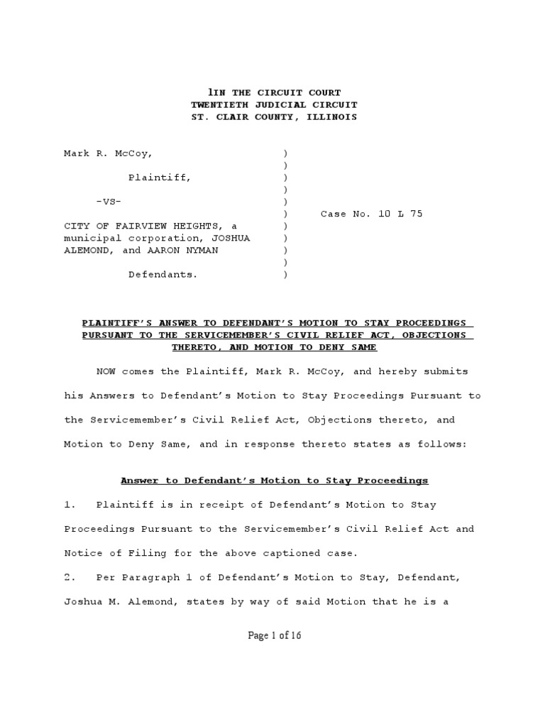 Answer to Defendant Alemond Motion to Stay Proceedings Pursuant to