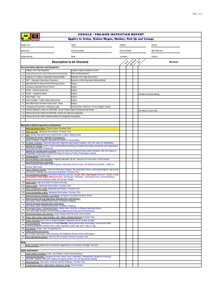 Minibus Safety Inspection Checklist | PDF | Leak | Tire