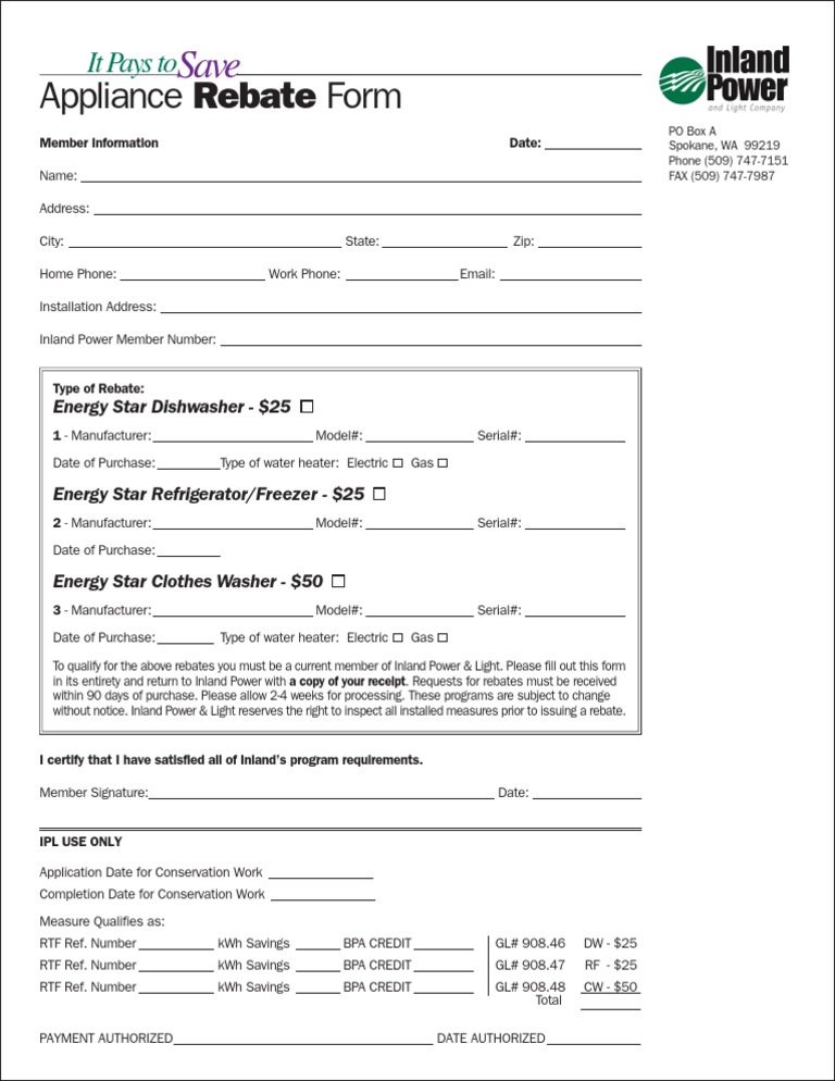 Appliance Rebate Form PDF Home Appliance Rebate (Marketing)