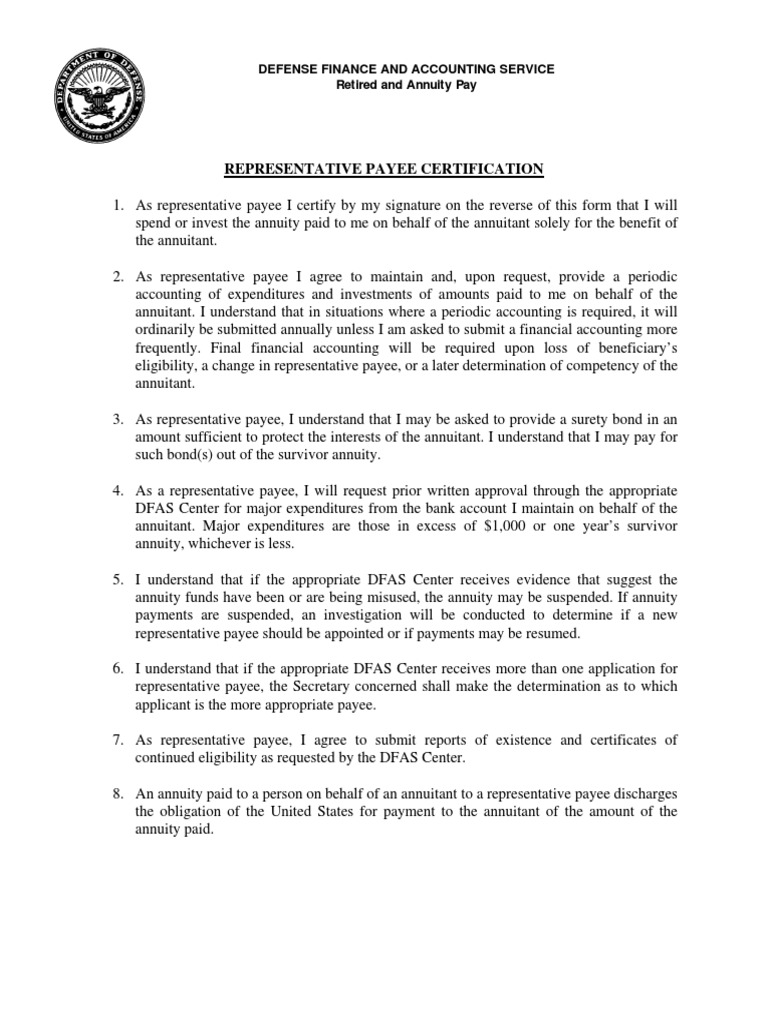 Annuitant Representative Payee Certificate Payments Trust Law