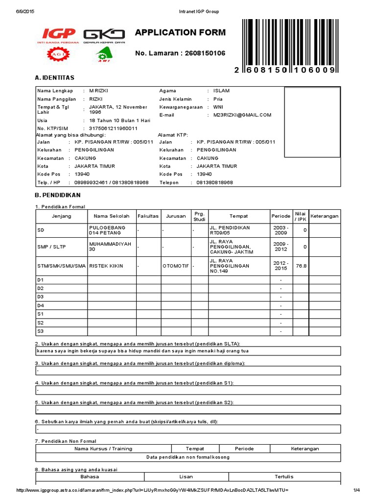 Formulir Lamaran Kerja IGP Group | PDF