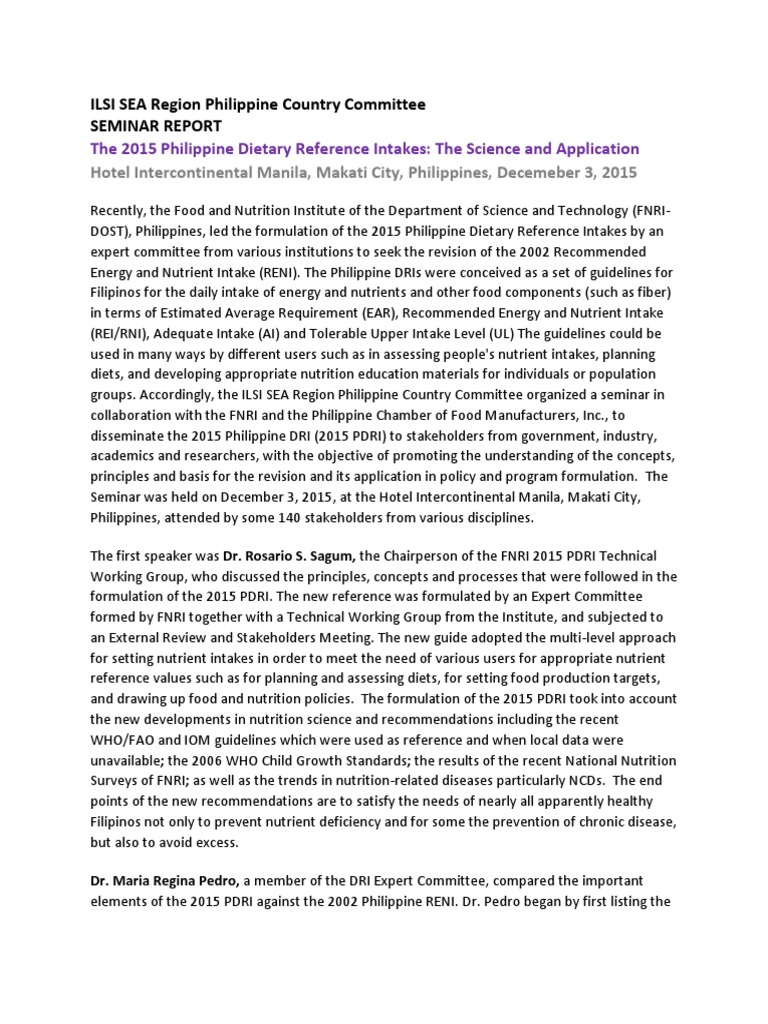 Philippine DRI Summary Report | PDF | Nutrients | Nutrition Facts Label