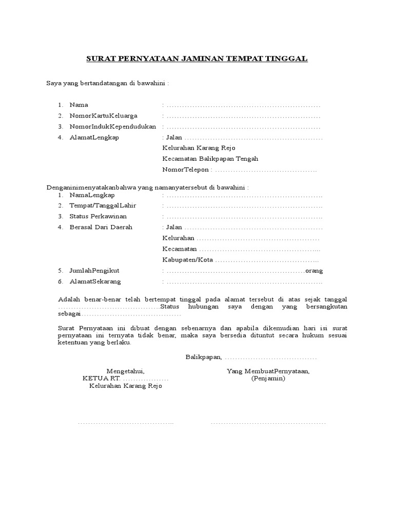 Surat Jaminan Tempat Tinggal