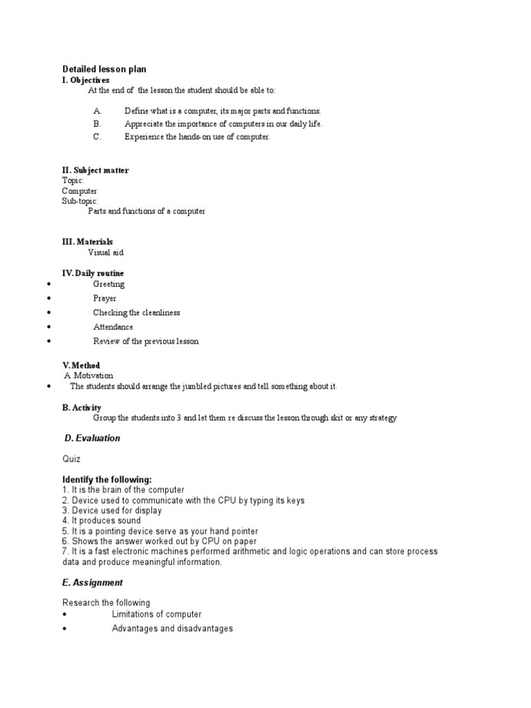 Detailed Lesson Plan Computer Hardware (Autosaved) Lesson Plan
