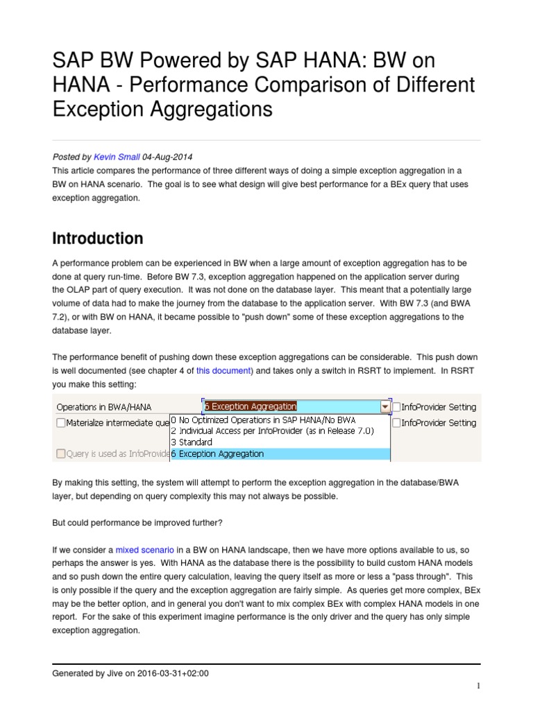 BW On Hana Performance Comparison of Simple Exception Aggregations PDF Databases Computer Data