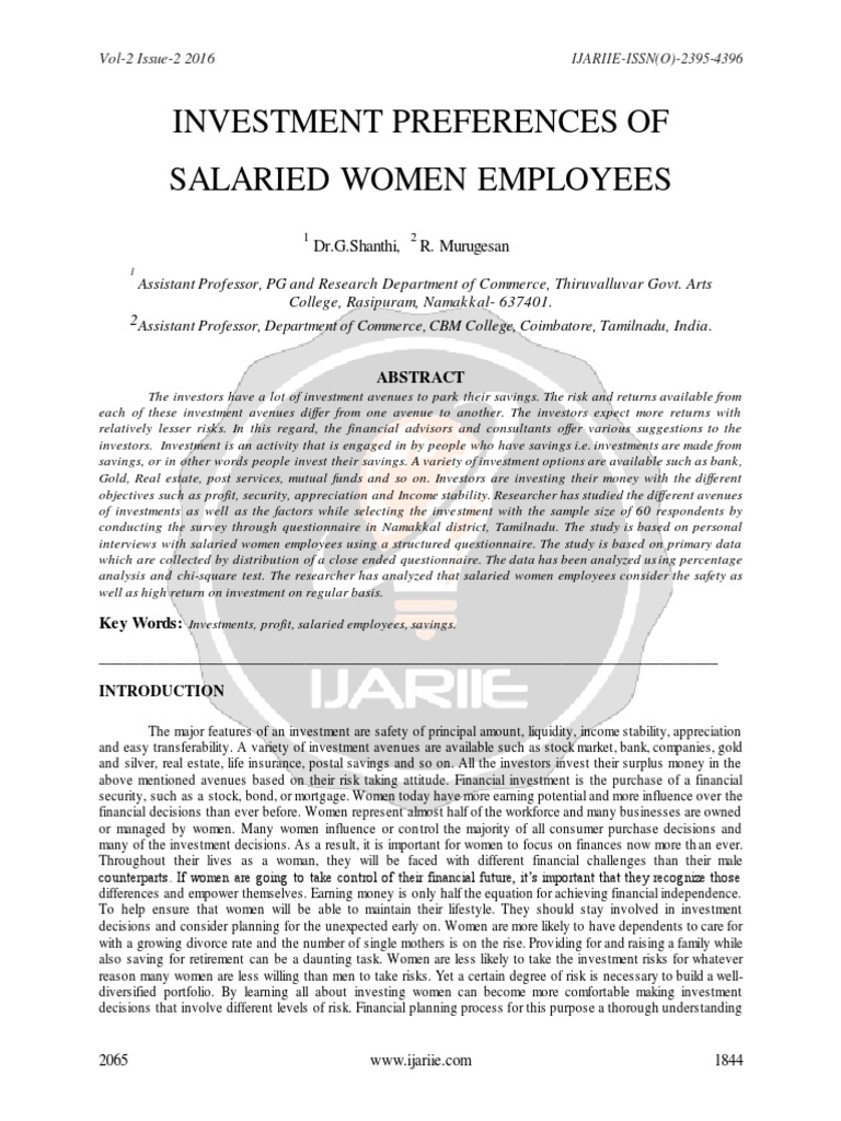 Investment Preferences of Salaried Women Employees | Investor | Investing