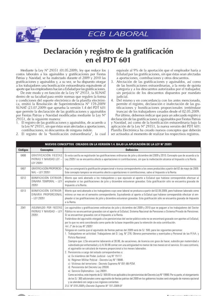 Declaración y Registro de La Gratificación en El PDT 601 | PDF ...