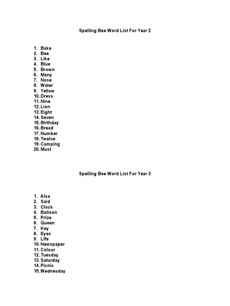 Spelling Bee Word List For Year 2 PDF